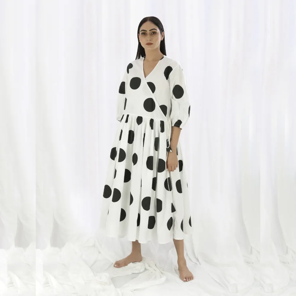 Girls White Cotton Dress | Overlapping Yoke | Black Polka | Smart Resort Wear