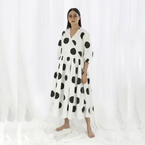 Girls White Cotton Dress | Overlapping Yoke | Black Polka | Smart Resort Wear