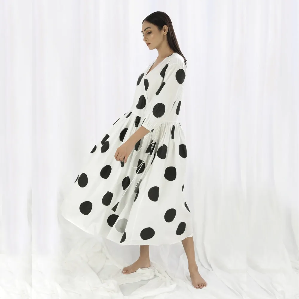 Girls White Cotton Dress | Overlapping Yoke | Black Polka | Smart Resort Wear