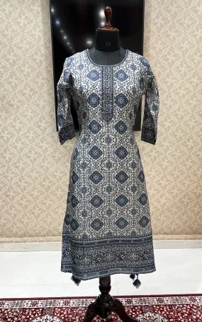 Grey with Blue Digital Print, Mirror and Thread work Calf Length Kurti