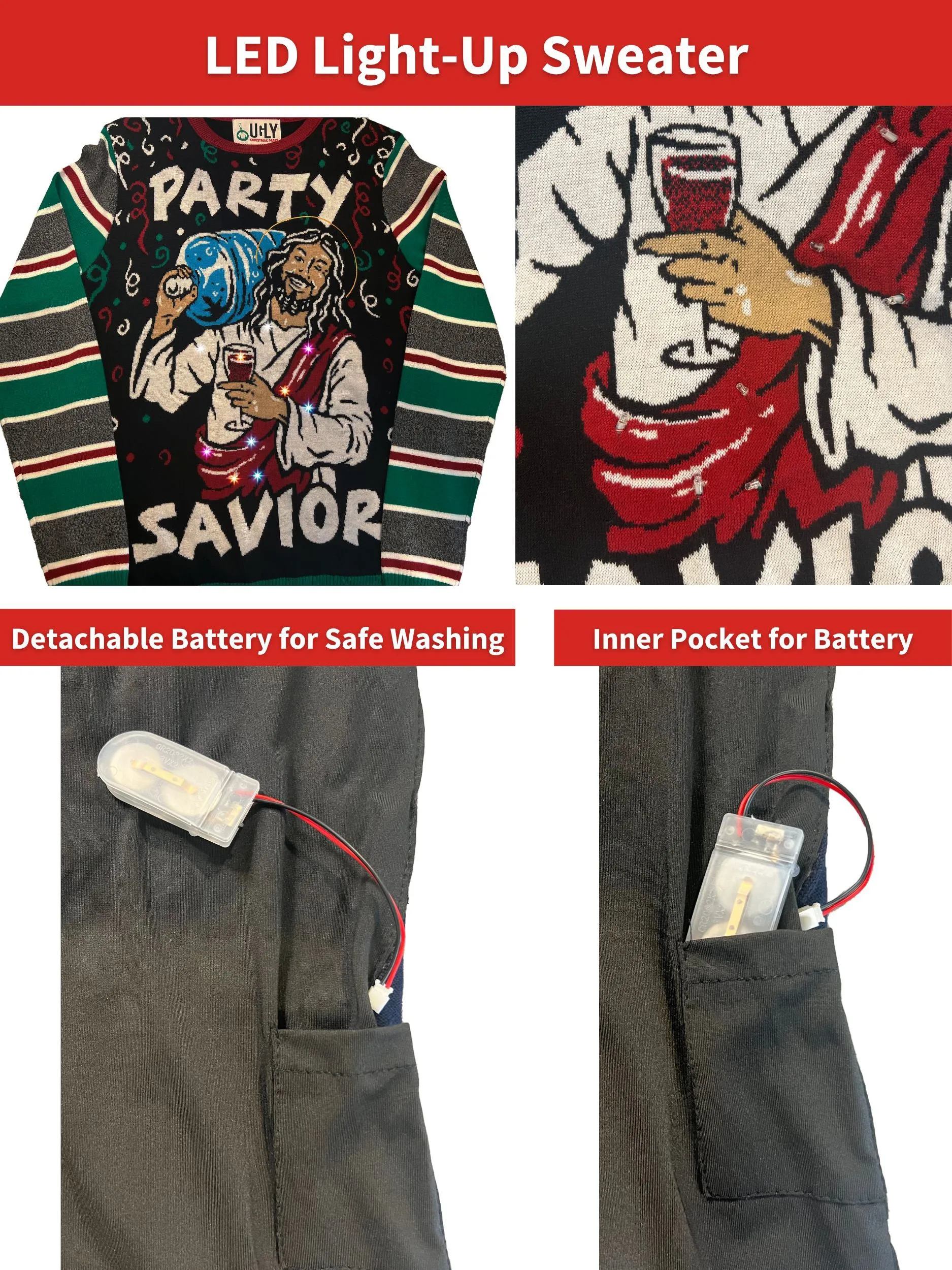LIGHT UP -Party Savior | Ugly Christmas Sweater For Men & Women | Unisex Sizing