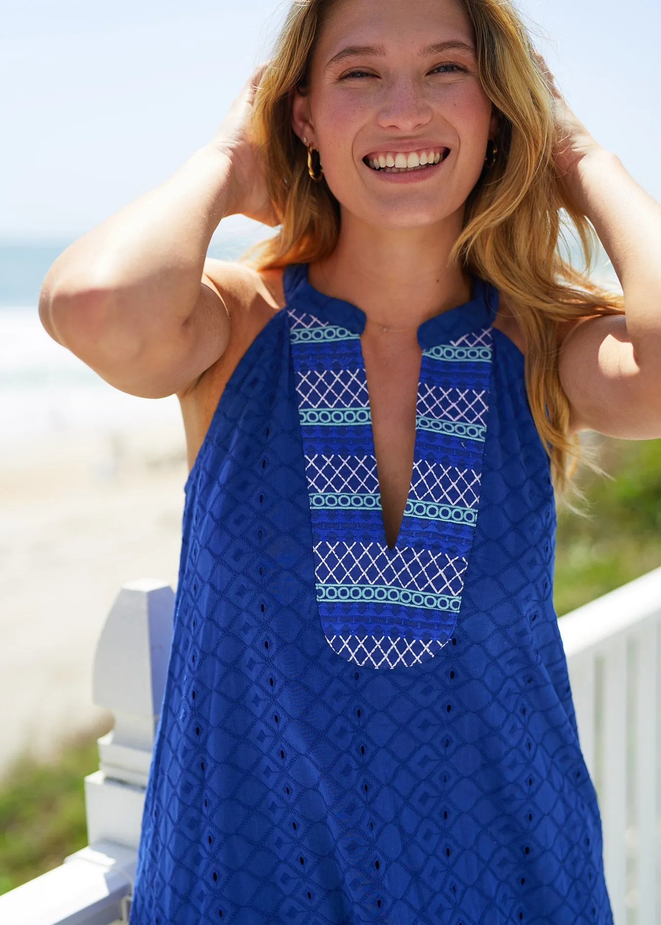 Navy Embroidered Eyelet Halter Dress