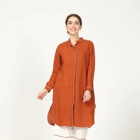 Rust Long Shirt With Contrast Edging | Cotton | Relaxed Silhouette