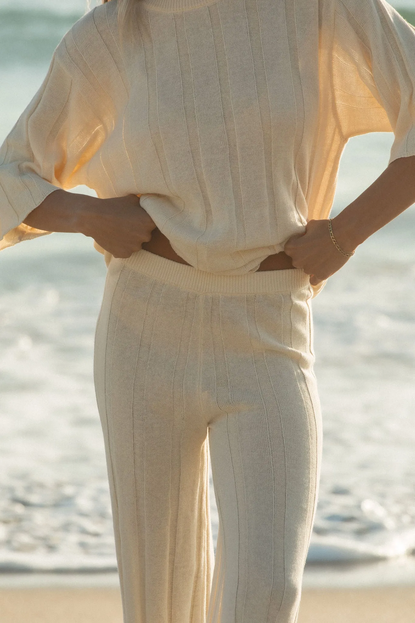 Seashell Ribbed Cotton Blend Sweater Pants