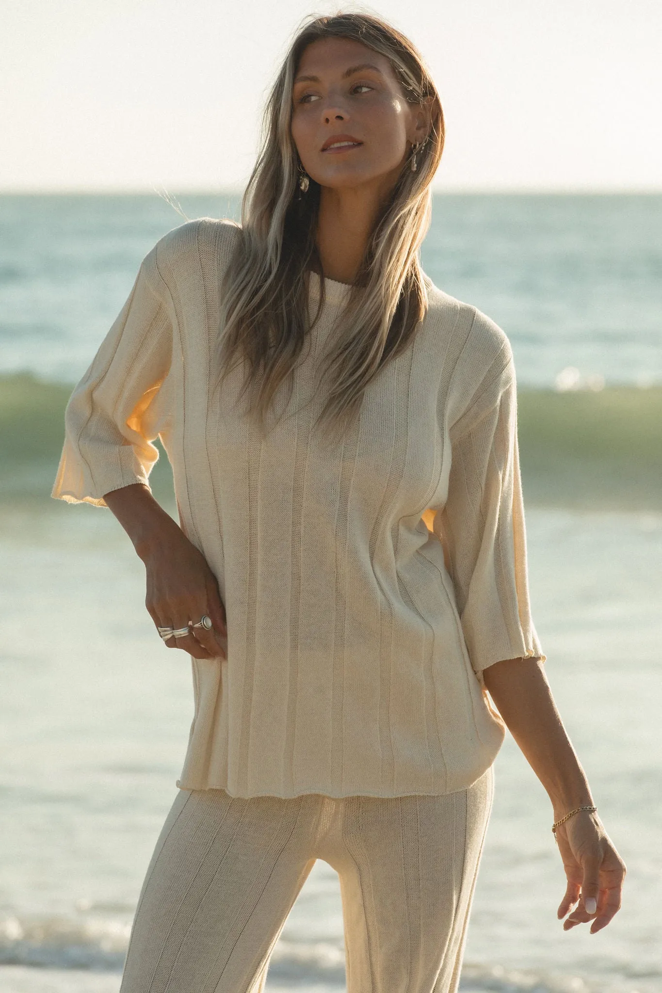 Seashell Ribbed Cotton Blend Sweater Top