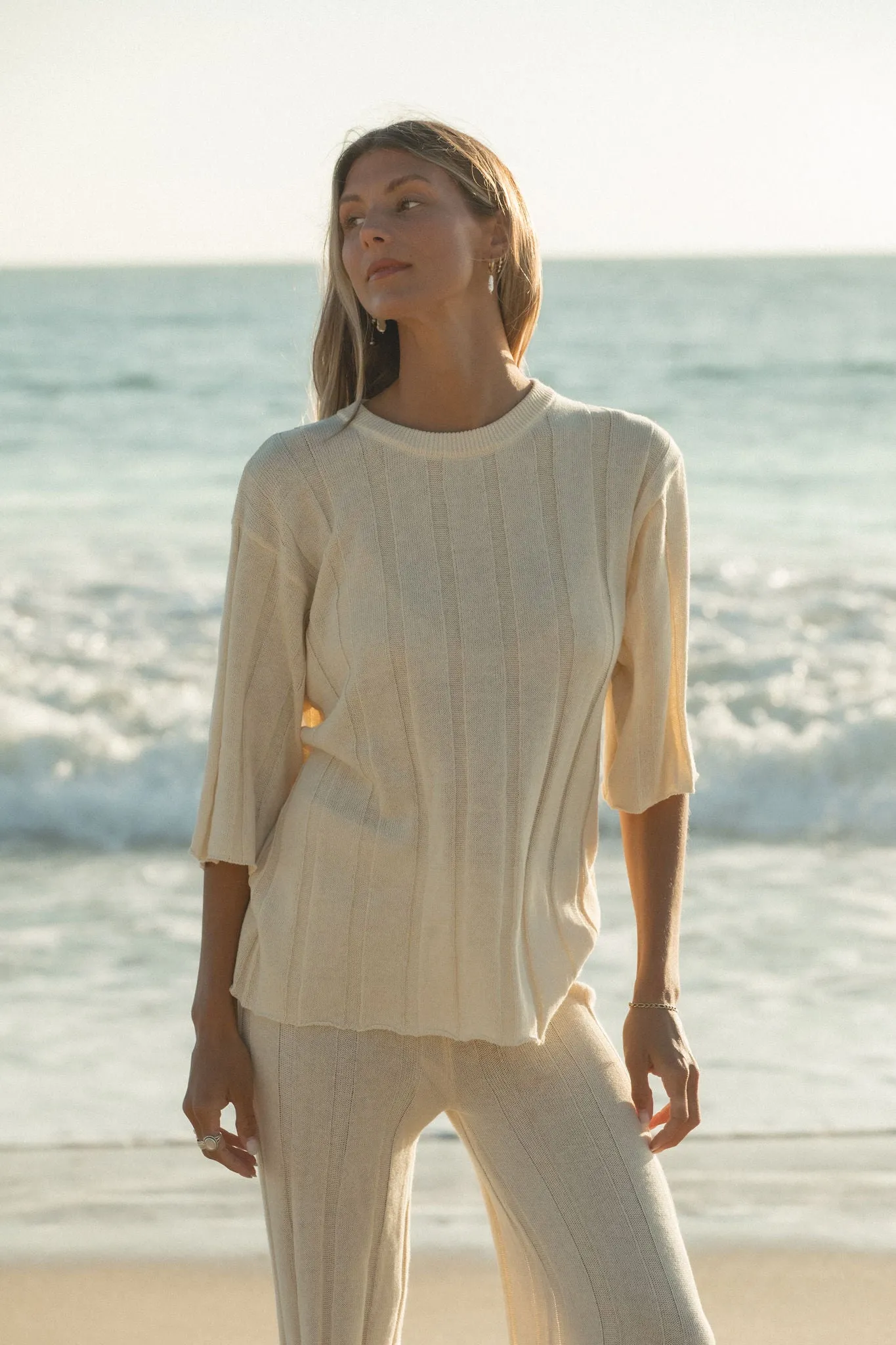 Seashell Ribbed Cotton Blend Sweater Top