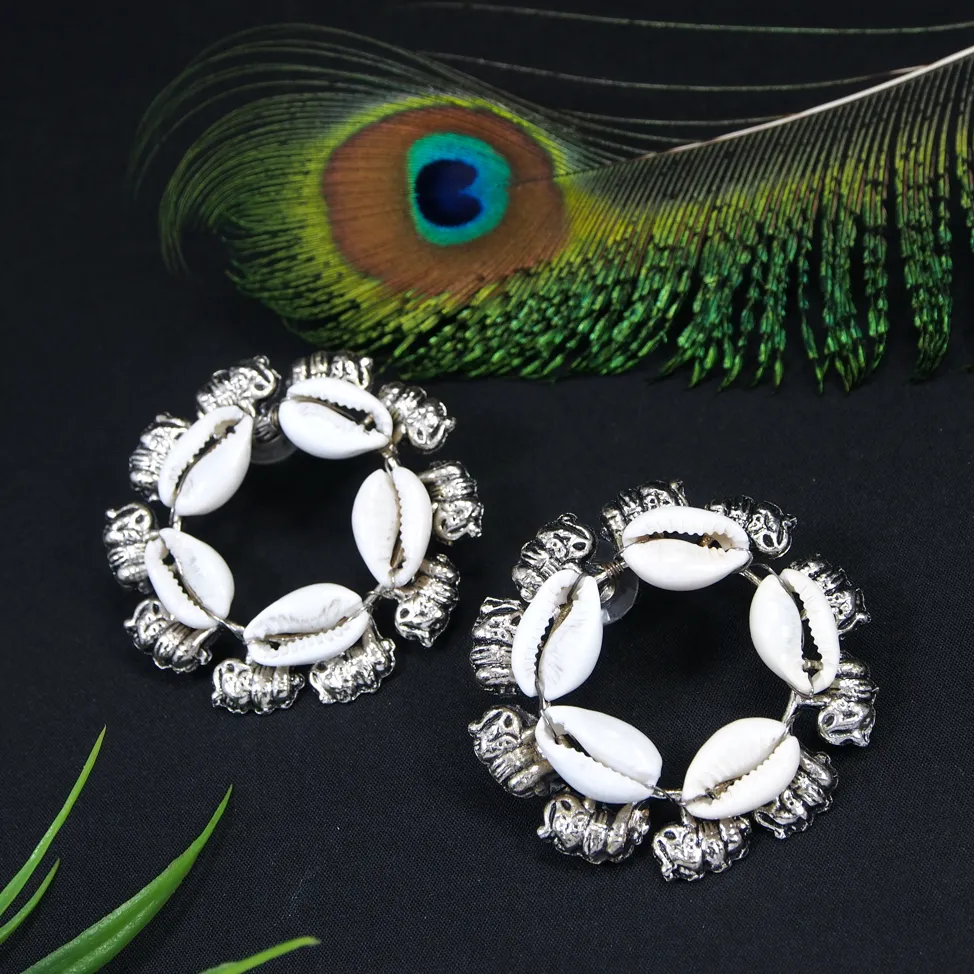 Silver Plated Cowry Shell Elephant Design Circle Shaped Antique Earring