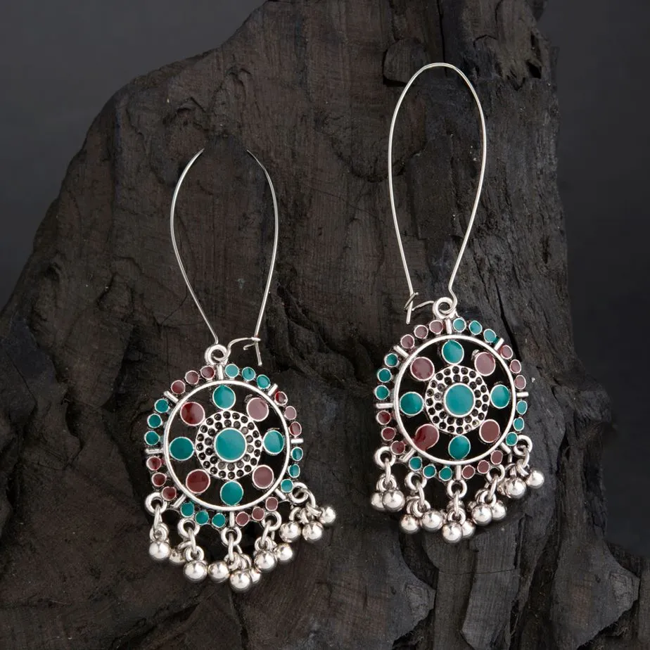 Silver Plated Long Hook Closure Hanging Floral Dual Colored Enamel Artwork With Beads Fashion Antique Earring