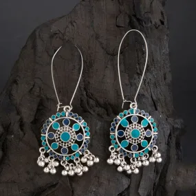 Silver Plated Long Hook Closure Hanging Floral Dual Colored Enamel Artwork With Beads Fashion Antique Earring
