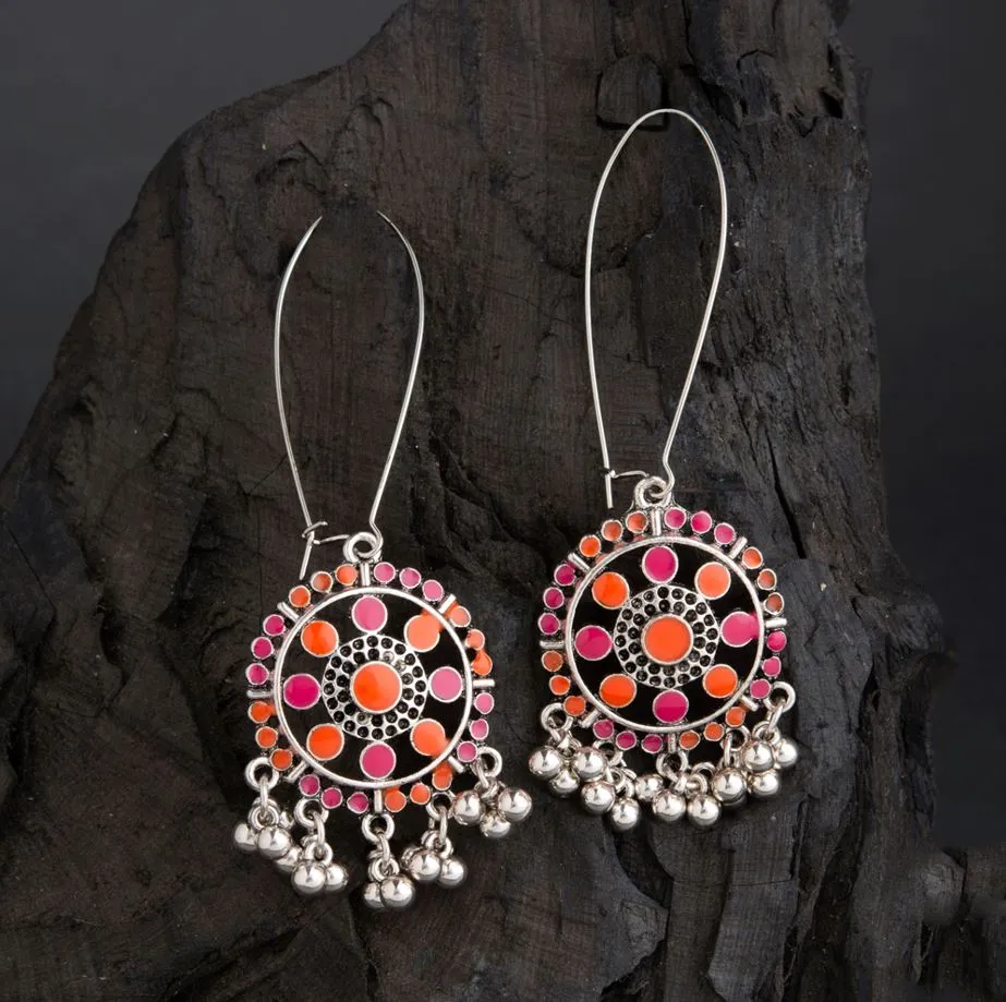 Silver Plated Long Hook Closure Hanging Floral Dual Colored Enamel Artwork With Beads Fashion Antique Earring