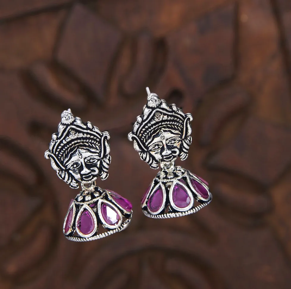 Silver Plated Multi Coloured Goddess Durga Face Jhumki Earring