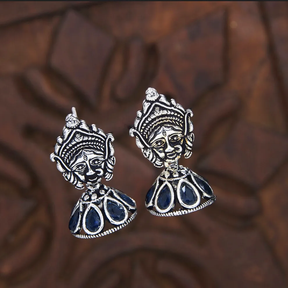 Silver Plated Multi Coloured Goddess Durga Face Jhumki Earring