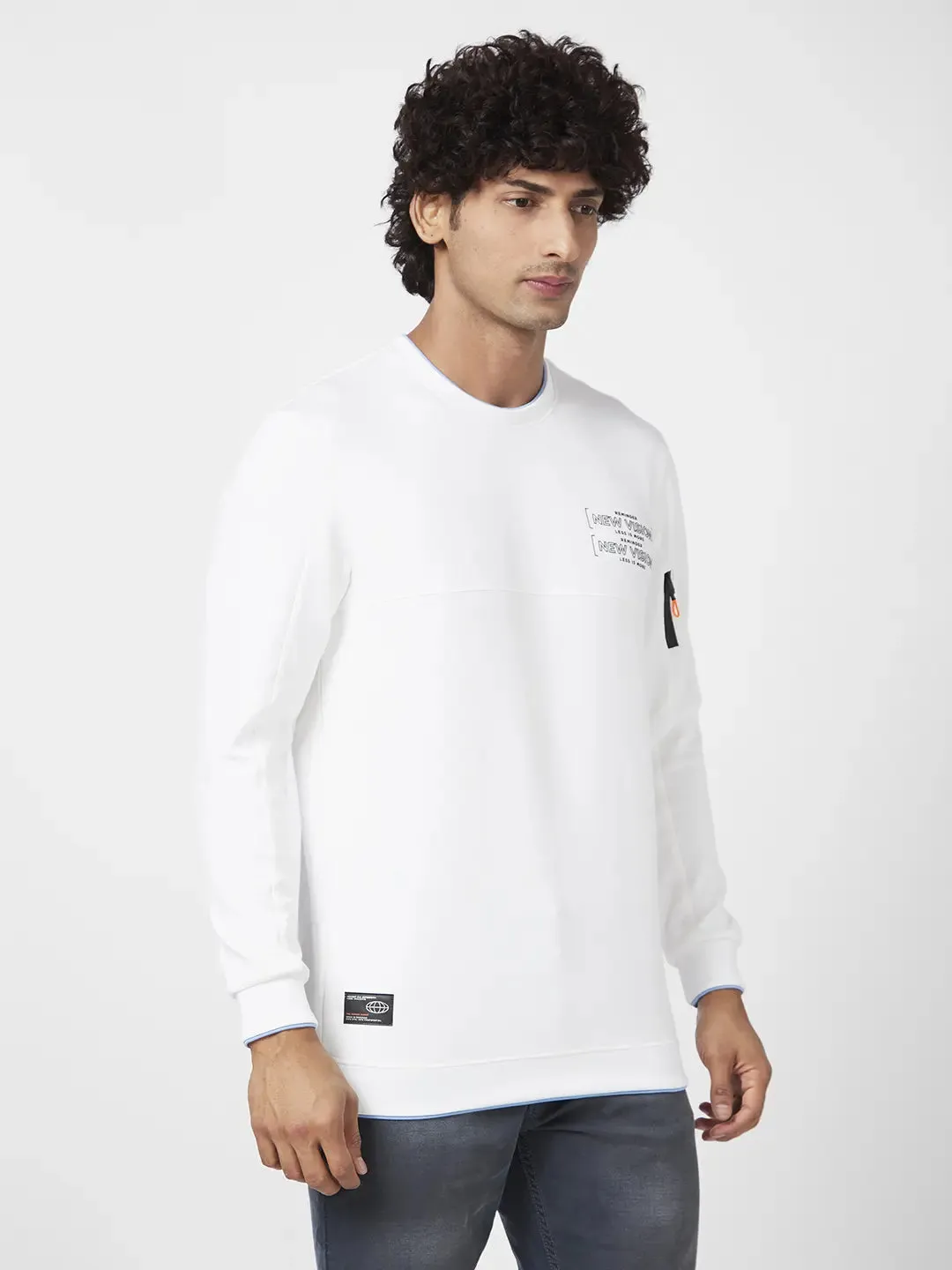 Spykar Men Ecru Blended Slim Fit Full Sleeve Round Neck Printed Casual Sweatshirt