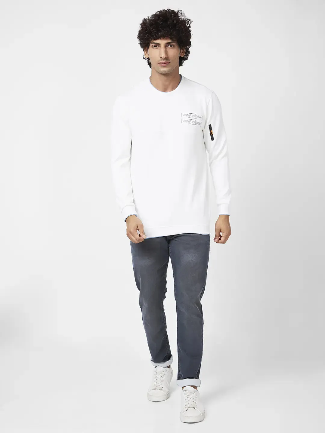 Spykar Men Ecru Blended Slim Fit Full Sleeve Round Neck Printed Casual Sweatshirt