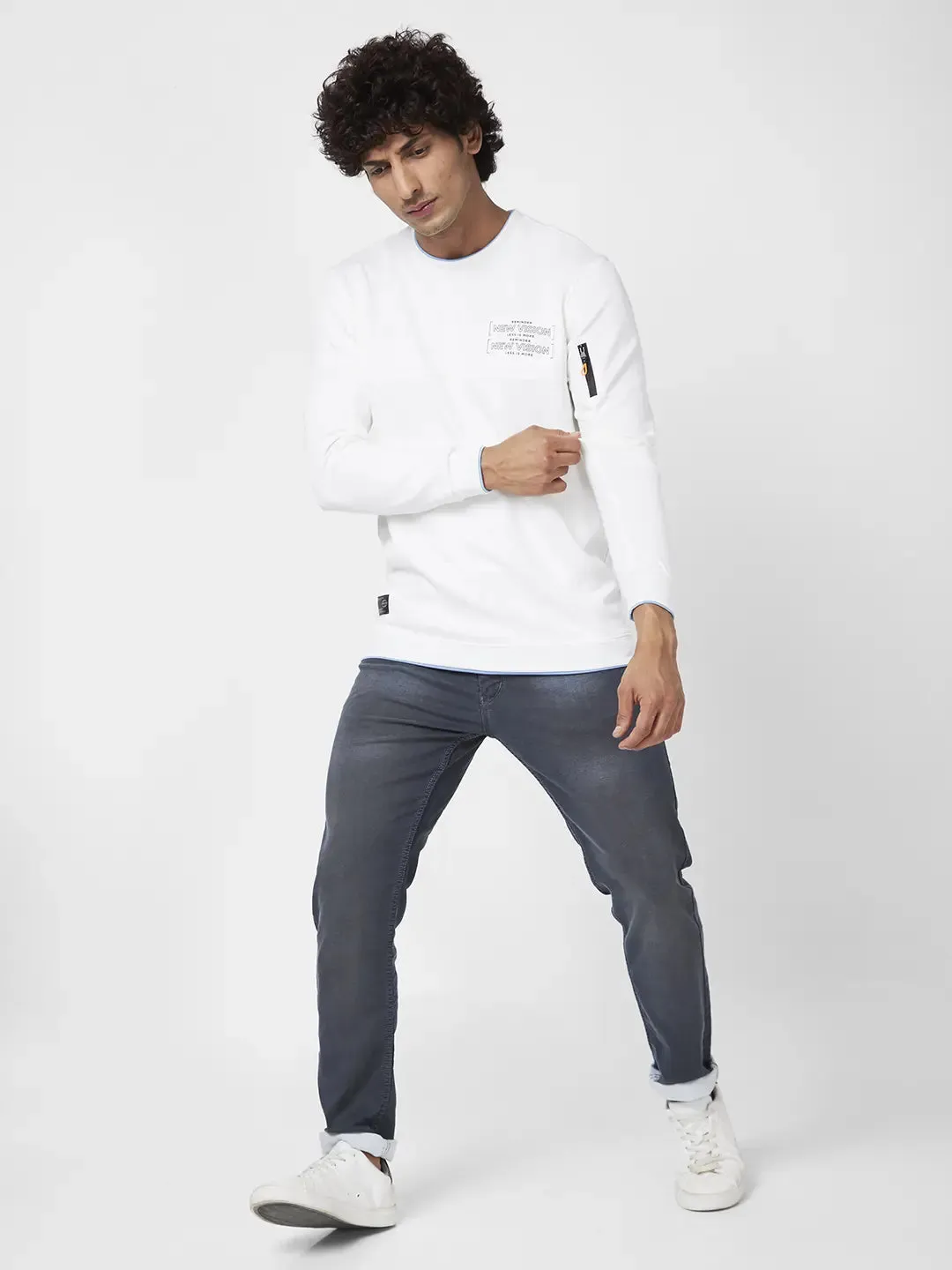 Spykar Men Ecru Blended Slim Fit Full Sleeve Round Neck Printed Casual Sweatshirt
