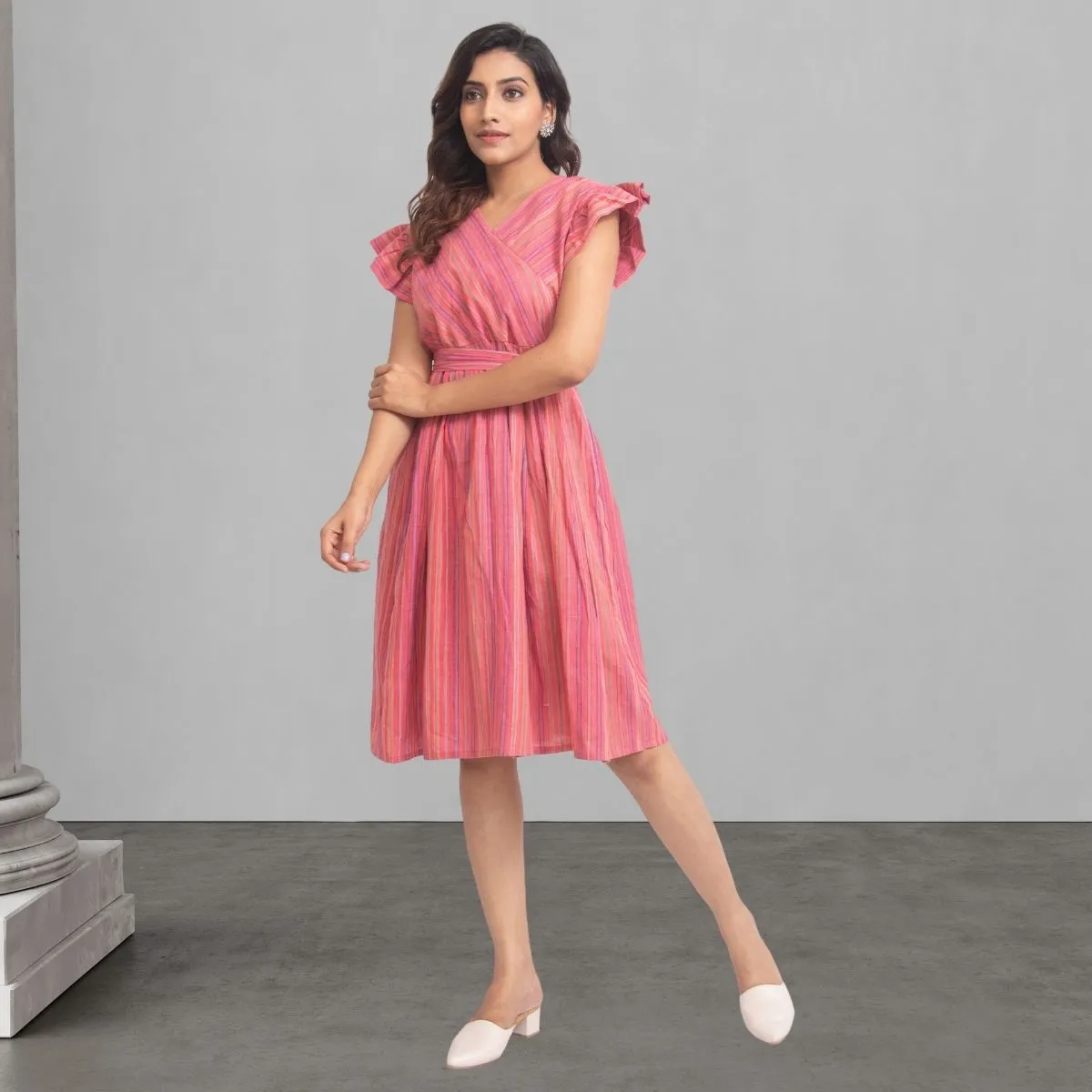 Stripe Pink Dress For Women | Stylish And Smart Wear | Girlish Ruffle Pattern