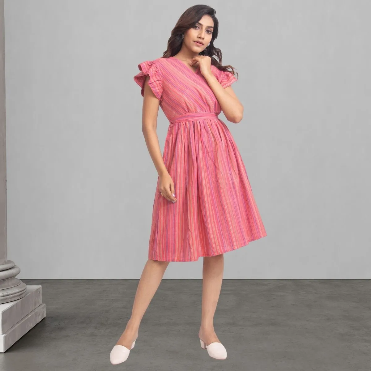 Stripe Pink Dress For Women | Stylish And Smart Wear | Girlish Ruffle Pattern