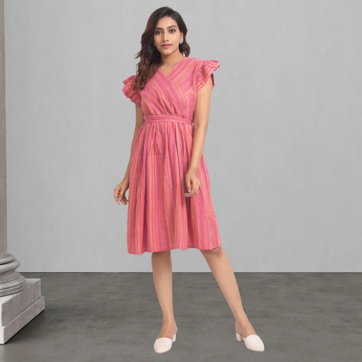 Stripe Pink Dress For Women | Stylish And Smart Wear | Girlish Ruffle Pattern