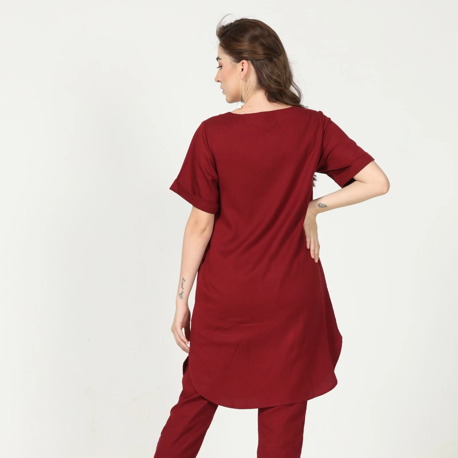 Women's Knee Length Tunic With Curved Hemline | Cotton | Maroon